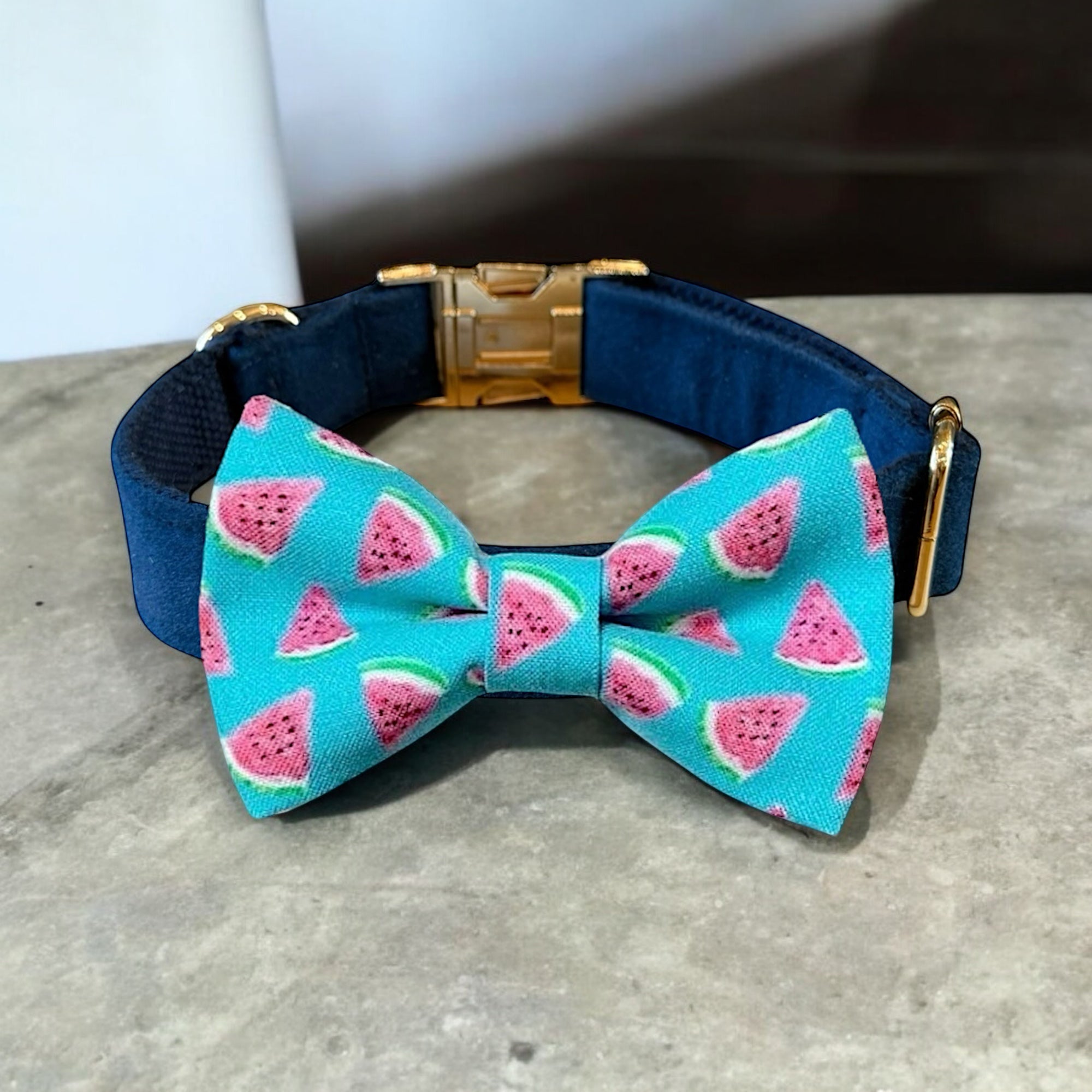 Navy blue collar with a watermelon patterned bow tie on a concrete surface.