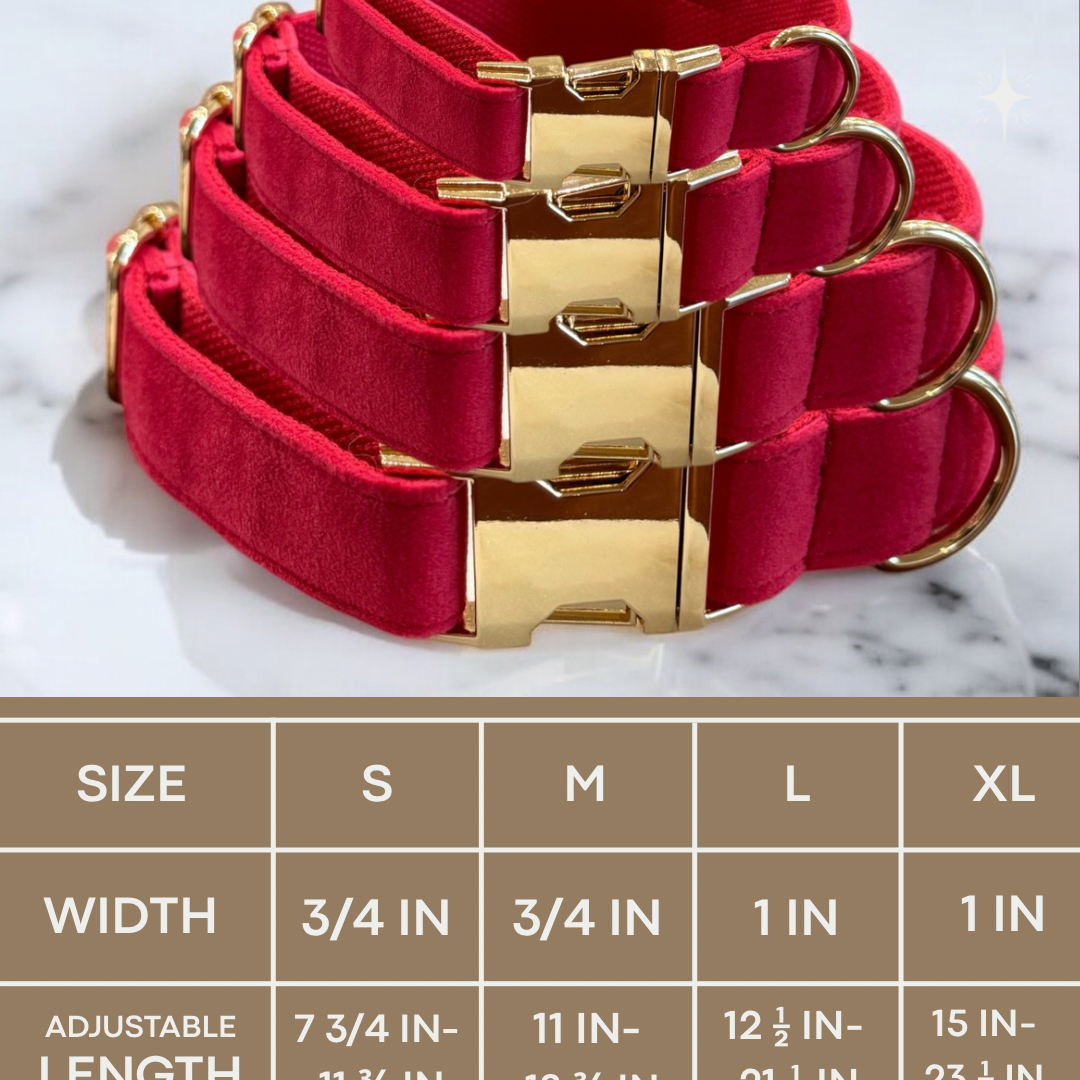 Pink velvet dog collars with gold buckles on a marble surface, accompanied by size chart.