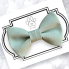 Light green dog bow tie on a white card with 'Fluff' branding