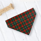 a red and green plaid dog bandana next to a bone bone