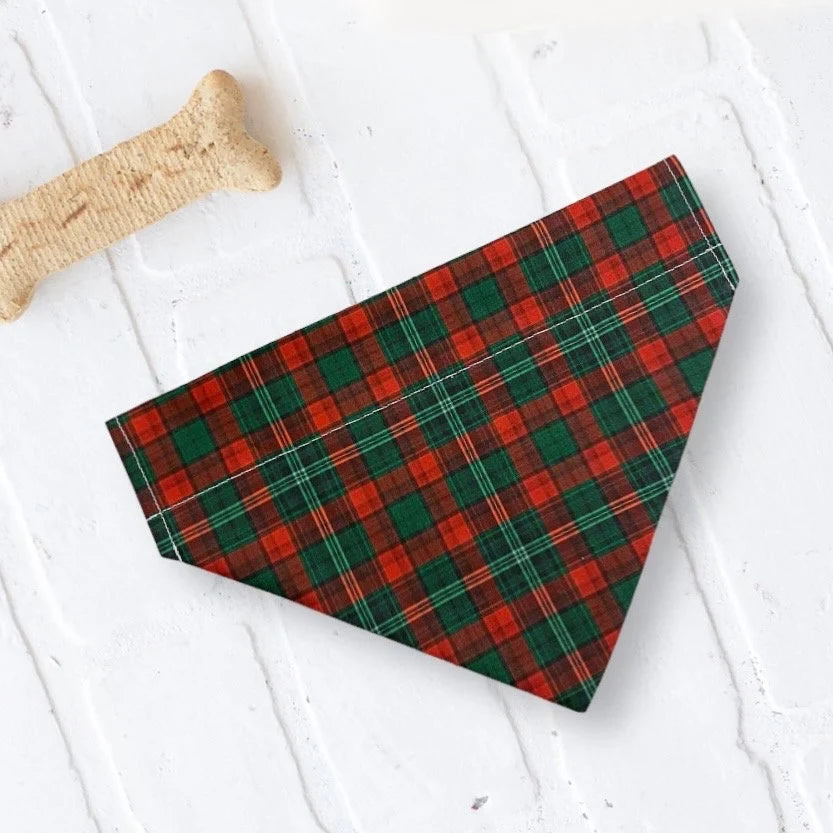 a red and green plaid dog bandana next to a bone bone