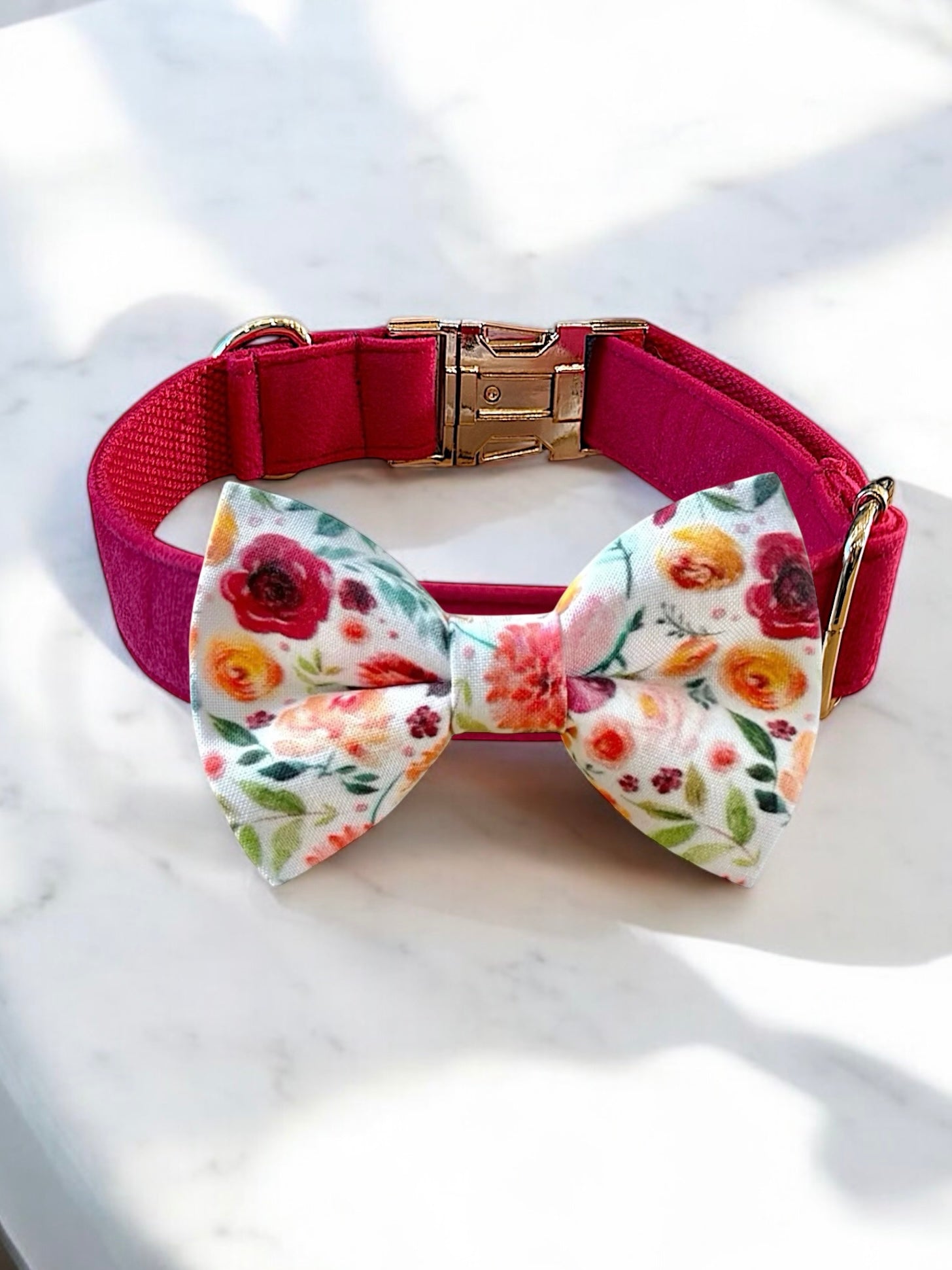 Floral bow tie on a pink collar with a gold clasp on a white background