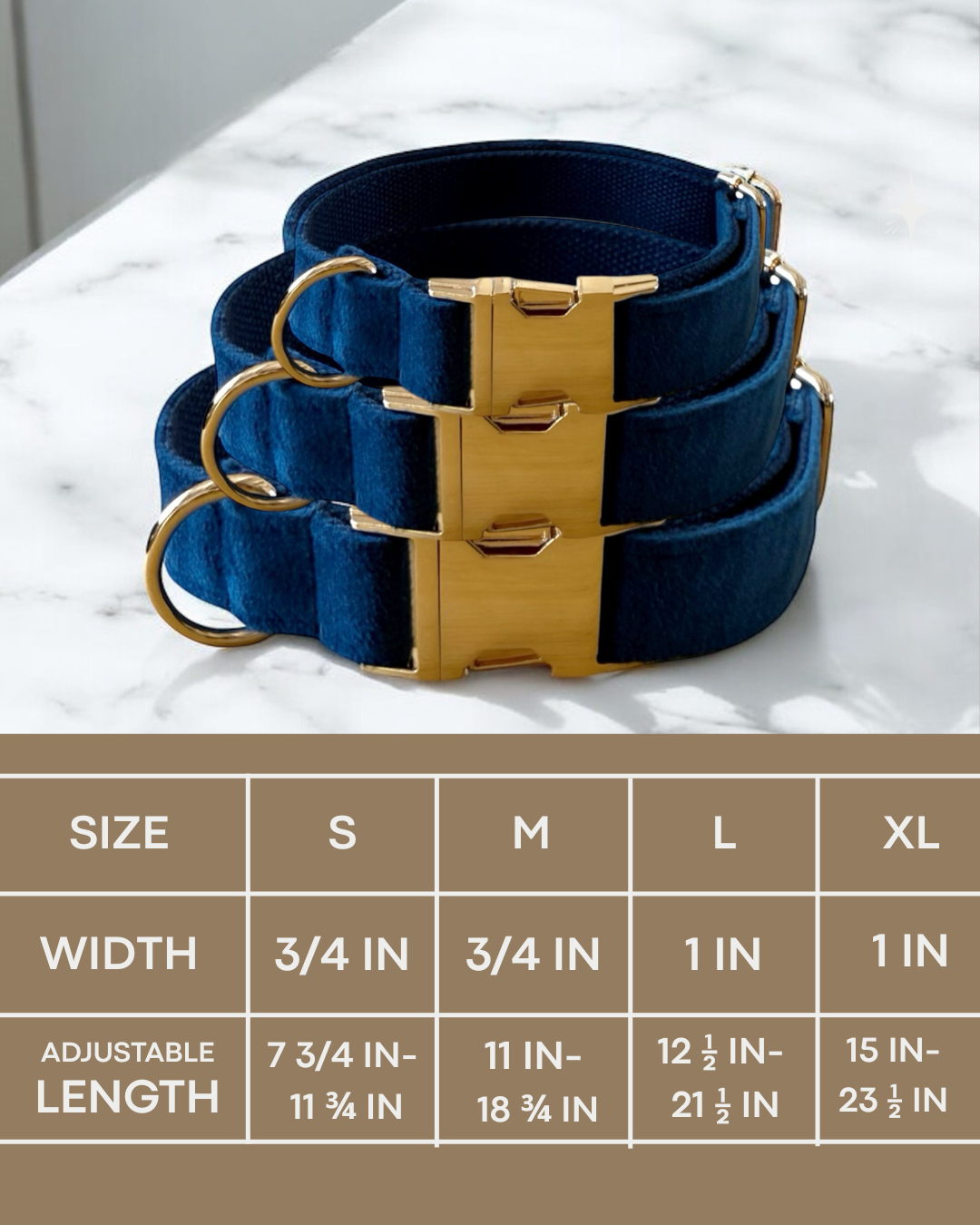Set of blue dog collars with gold buckles on a white background, accompanied by a size chart.