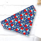 a blue bandana with red, white, and blue fireworks on it