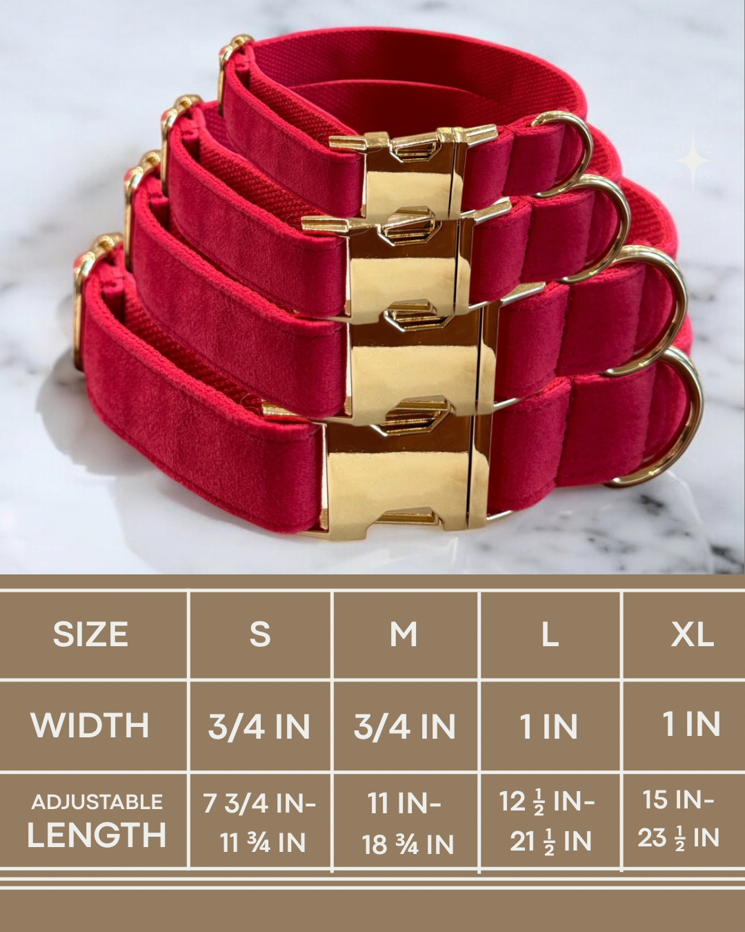 Pink dog collars with gold buckles on a marble surface, accompanied by size chart.