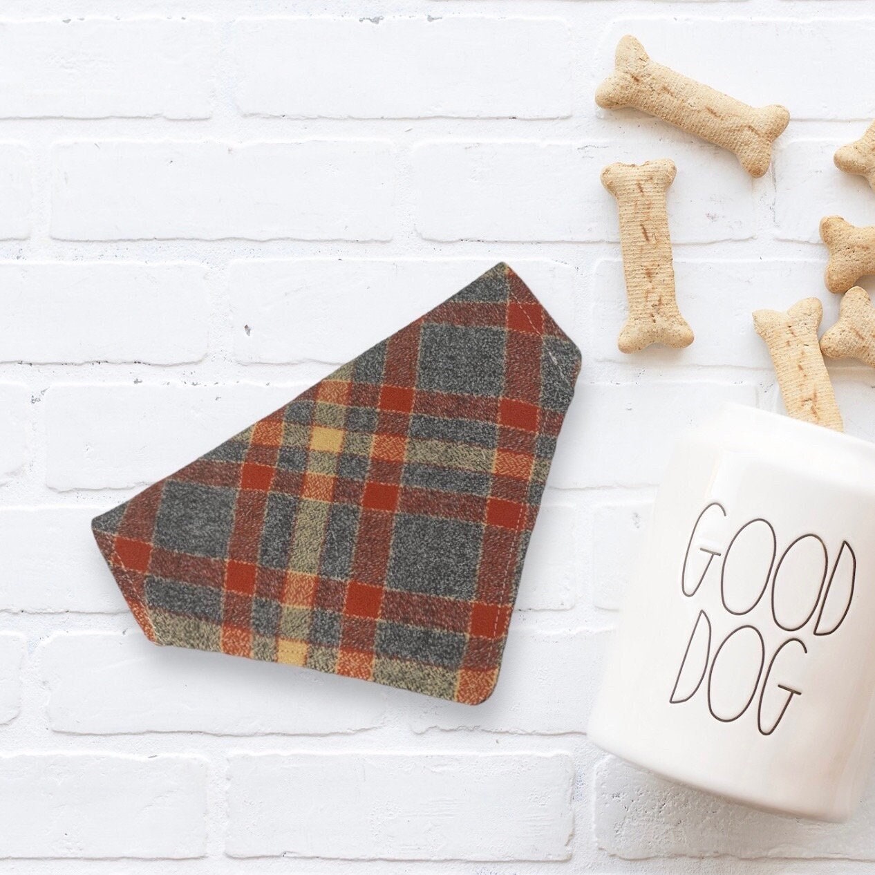 Dog bandana in orange plaid for fall.